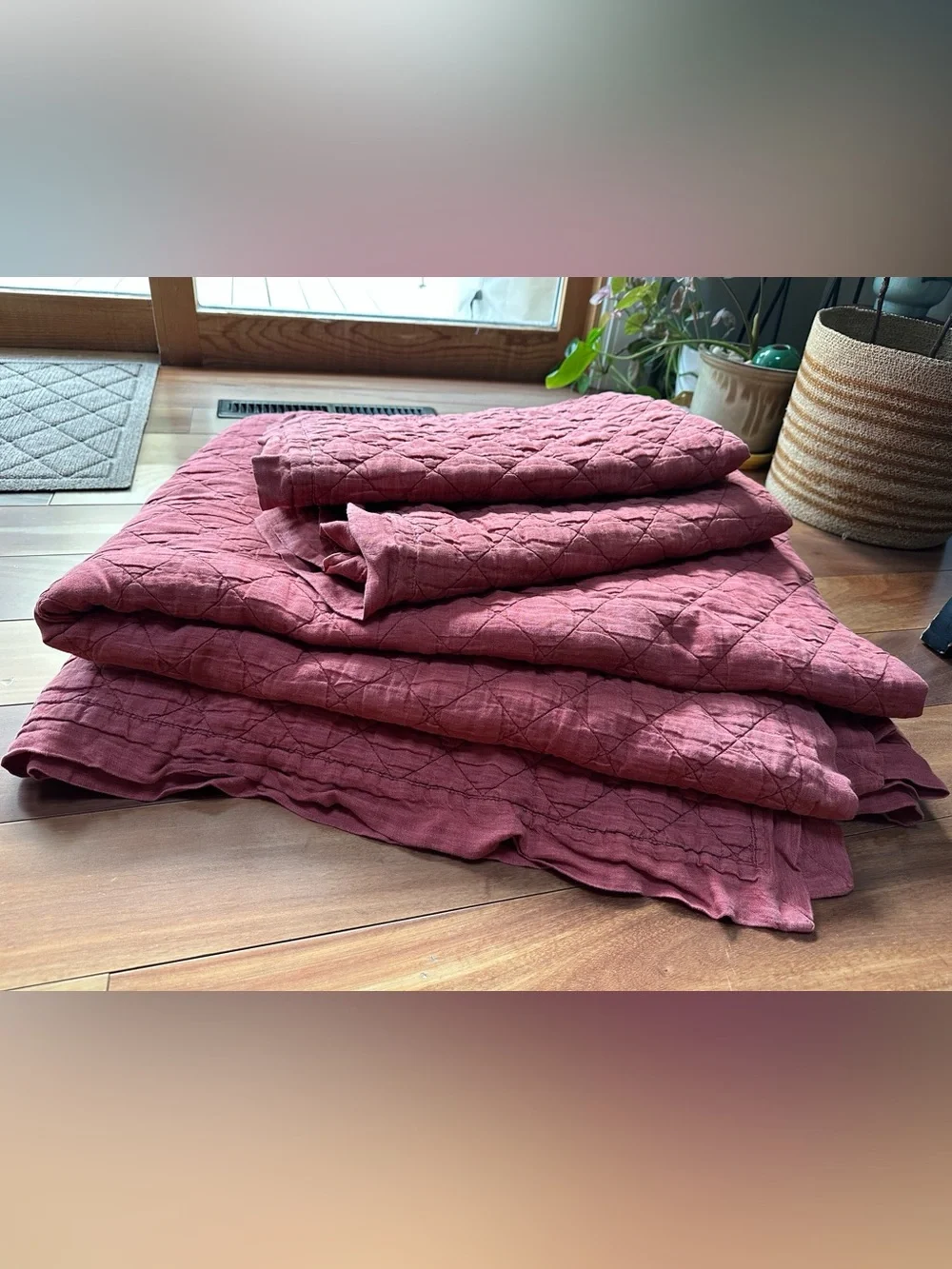 Pottery Barn Belgian Flax Linen King Diamond Quilt SET Auburn 3pcs